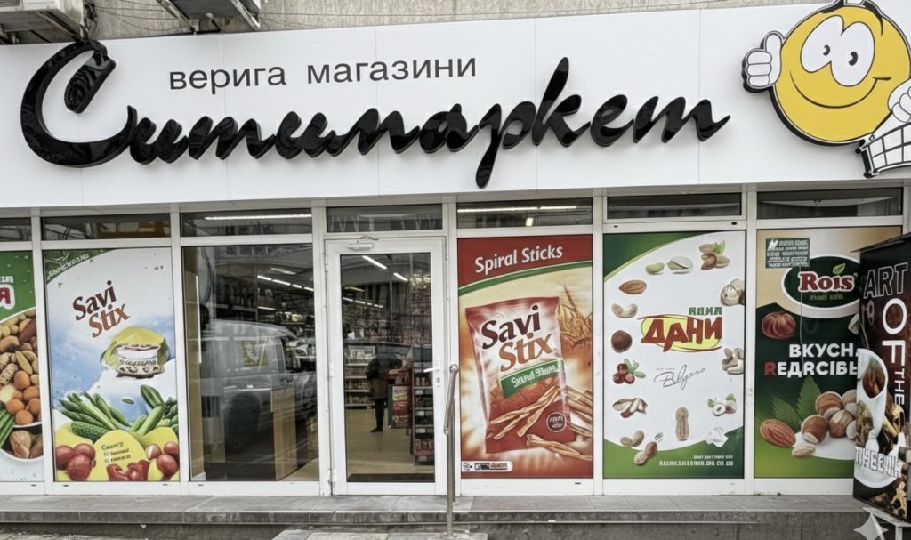 Входът и табелата на Ситимаркет „Чайка“ в кв. „Чайка“, бл. 189 във Варна